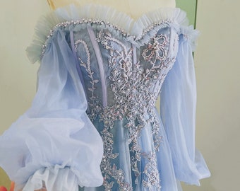 custom fairy floral prom evening dress off shoulder handmade long sleeve prom dress 2024 dusty blue prom dress
