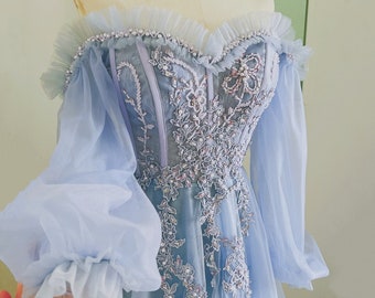 Handmade Fairy Prom Dress: Off-Shoulder Long Sleeve Evening Gown