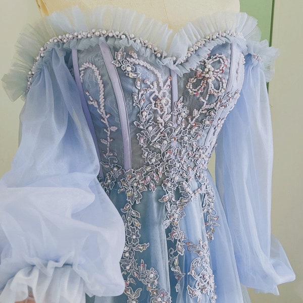 fairy blue prom dress off shoulder, handmade long sleeve prom evening dress 2024,dusty blue prom dress