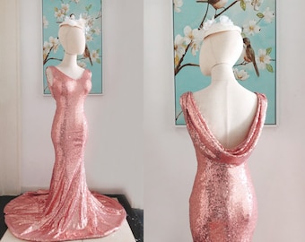 Rose Gold Cowl Back Sequin Bridesmaid Dress,V Neck Mermaid Gold Sequin Bridesmaid Dress,Cowl Back Formal Maxi Dress