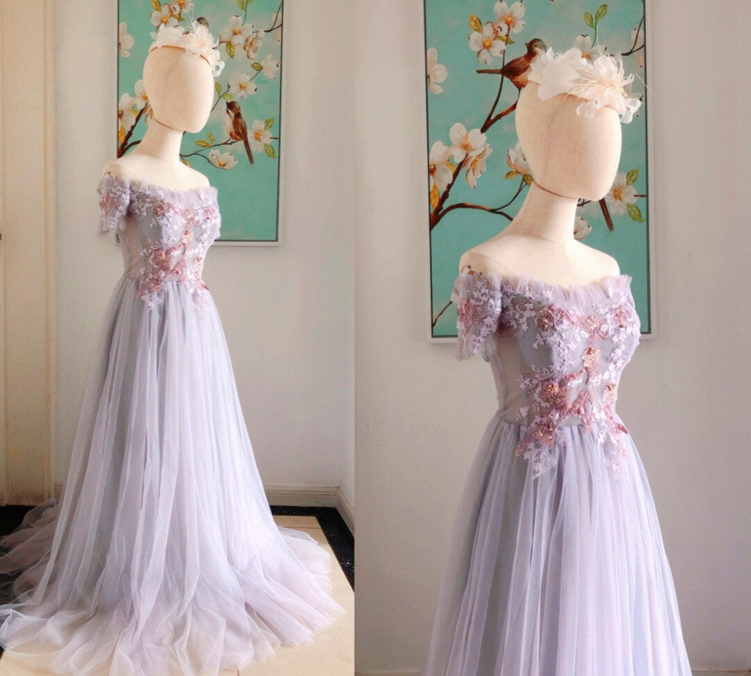 Off Shoulder Tulle Lilac Bridesmaid Dresses With Sleeves off Shoulder ...