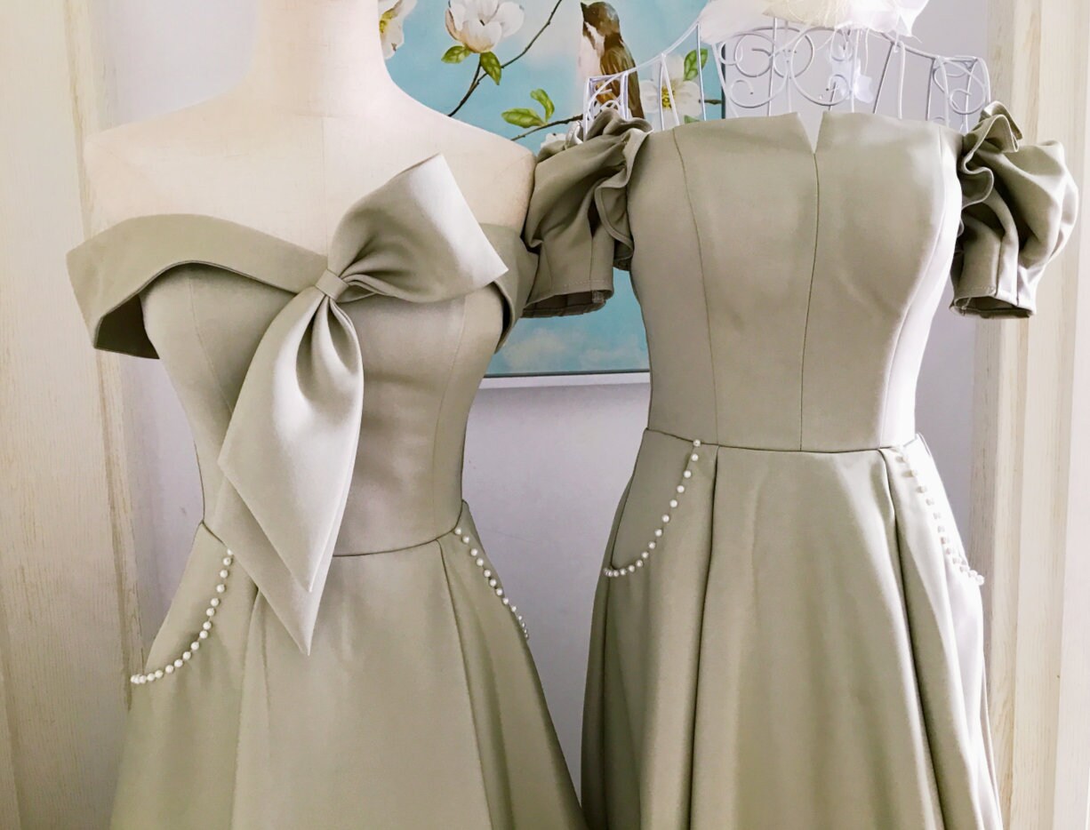FashionStreets Off Shoulder Sage Satin Bridesmaid Dresses long,satin Elegant Prom Bridesmaid Dress, Lantern Sleeve Sage Bridesmaid Dresses