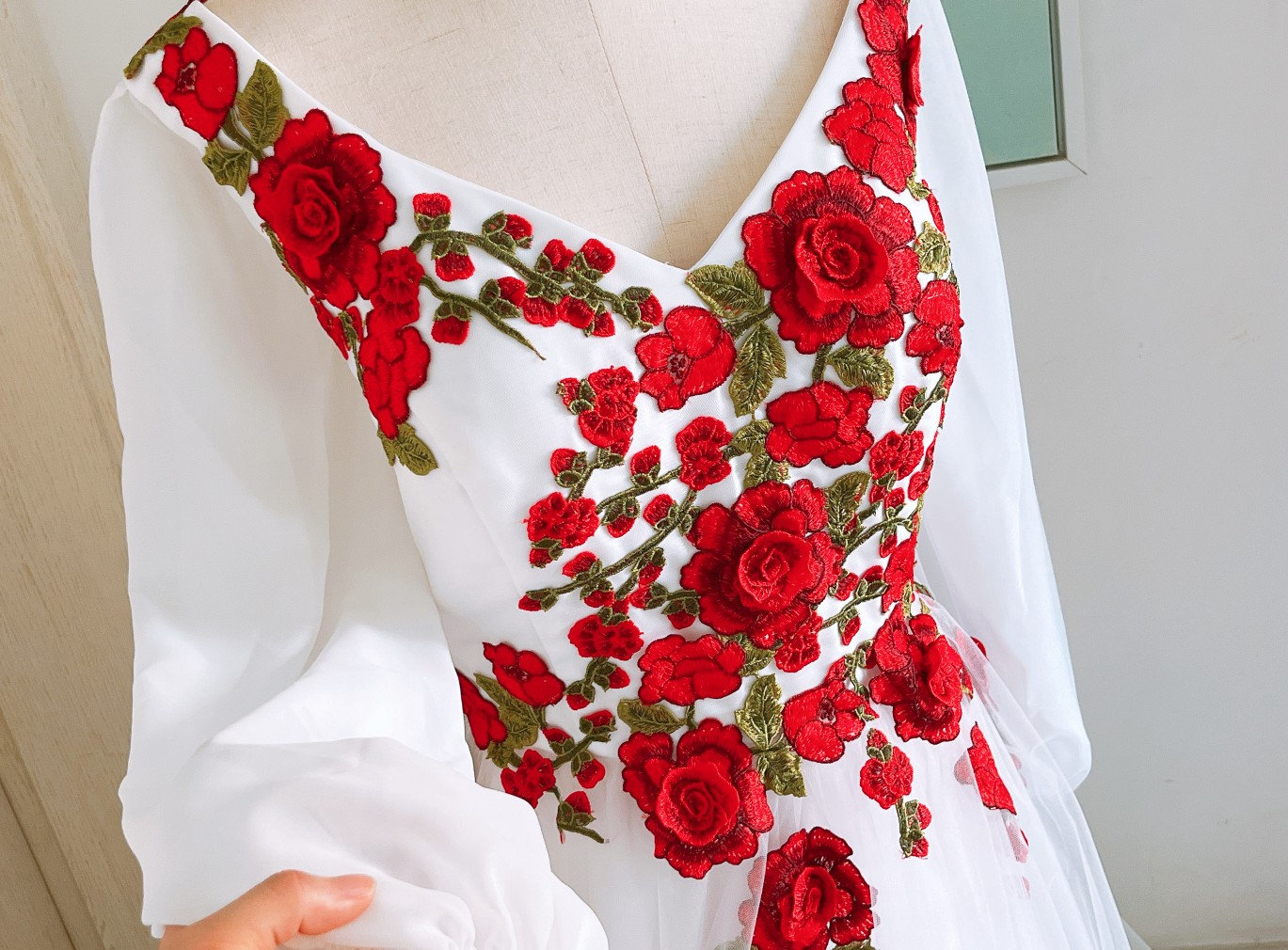 Ivory Tulle Wedding Dress: Red Rose Embroidery, Long Sleeves Ivory Tulle Wedding Dress: Red Rose Embroidery, Long Sleeves