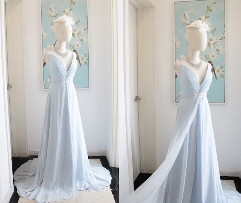 Dusty Blue Jeweled Prom Dress with Slit Deep V Neck Low Back image 0