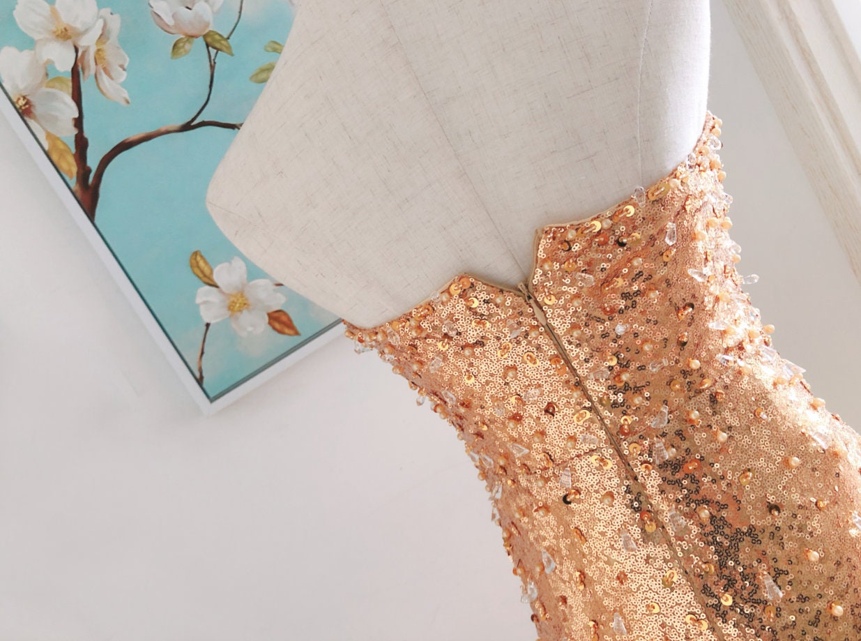 slim fit dress slacks Sequin V Neck Blouson Fit And Flare Rose Gold main image 1