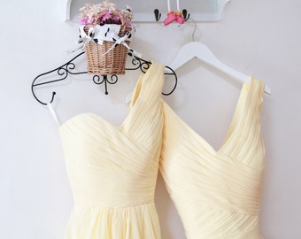 Yellow Chiffon Bridesmaid Dress: One Shoulder, V Neck, Fitted