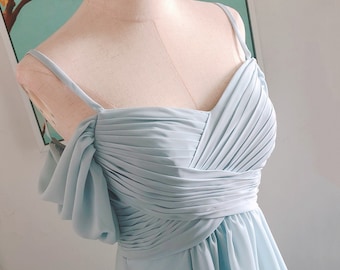blue elegant chiffon bridesmaid dress vintage off shoulder blue dress bridesmaid wedding