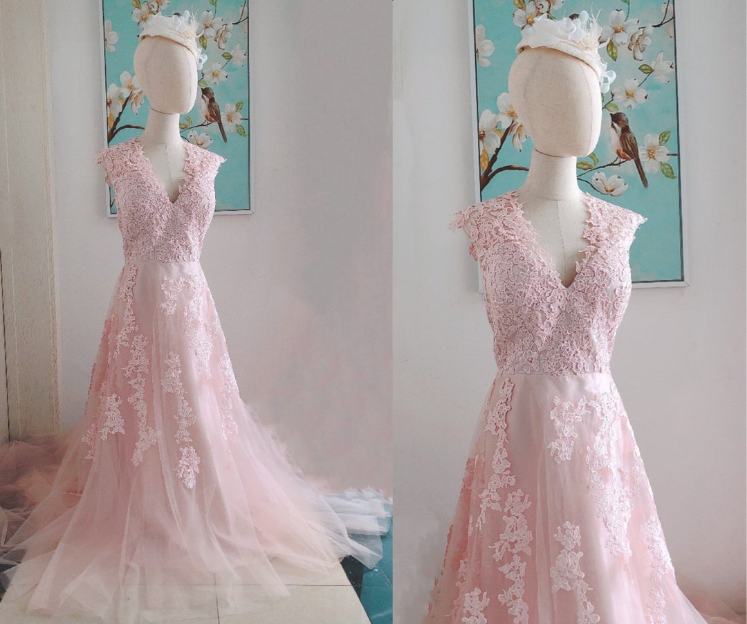Blush Pink Lace Wedding Dresses Blush Lace V Neck Bridal Gowns Lace ...