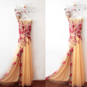 Handmade Gold Floral Prom Dresses,Gold Floral Tulle Prom Dresses,Handmade Gold Prom Evening Dresses