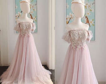 Pink tulle long prom bridesmaid dresses,fairy long off shoulder prom bridesmaid dresses,pink off shoulder homecoming dresses