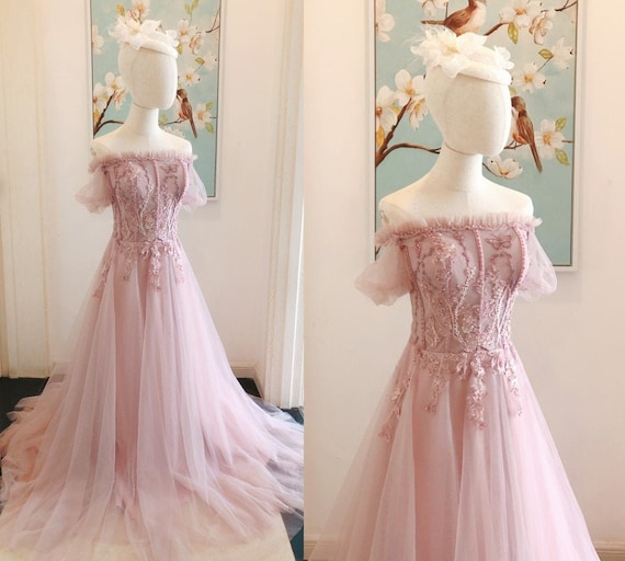 Off Shoulder Fairy Pink Evening Dresses,pink Tulle Custom Evening