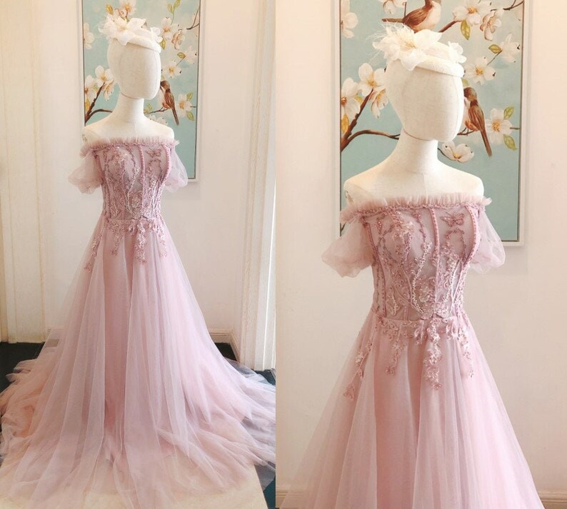 Off Shoulder Corset Fairy Pink Prom Dresses,Pink Tulle Jeweled Formal Evening Gowns Off Shoulder,Wedding Reception Dresses,Engagement Dress 