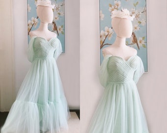 Sage green off shoulder tulle bridesmaid dresses,tea length short dress for wedding,short sage green prom dress,simple fairy tulle dress