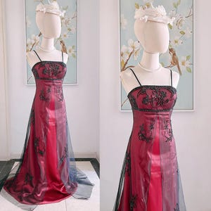 Vintage 90S Burgundy Prom Dress Y2K Black Beaded Gown Prom Party Dresses image 8