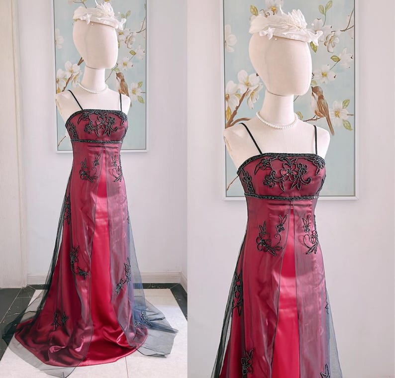 Vintage 90S Burgundy Prom Dress Y2K Black Beaded Gown Prom Party Dresses image 8