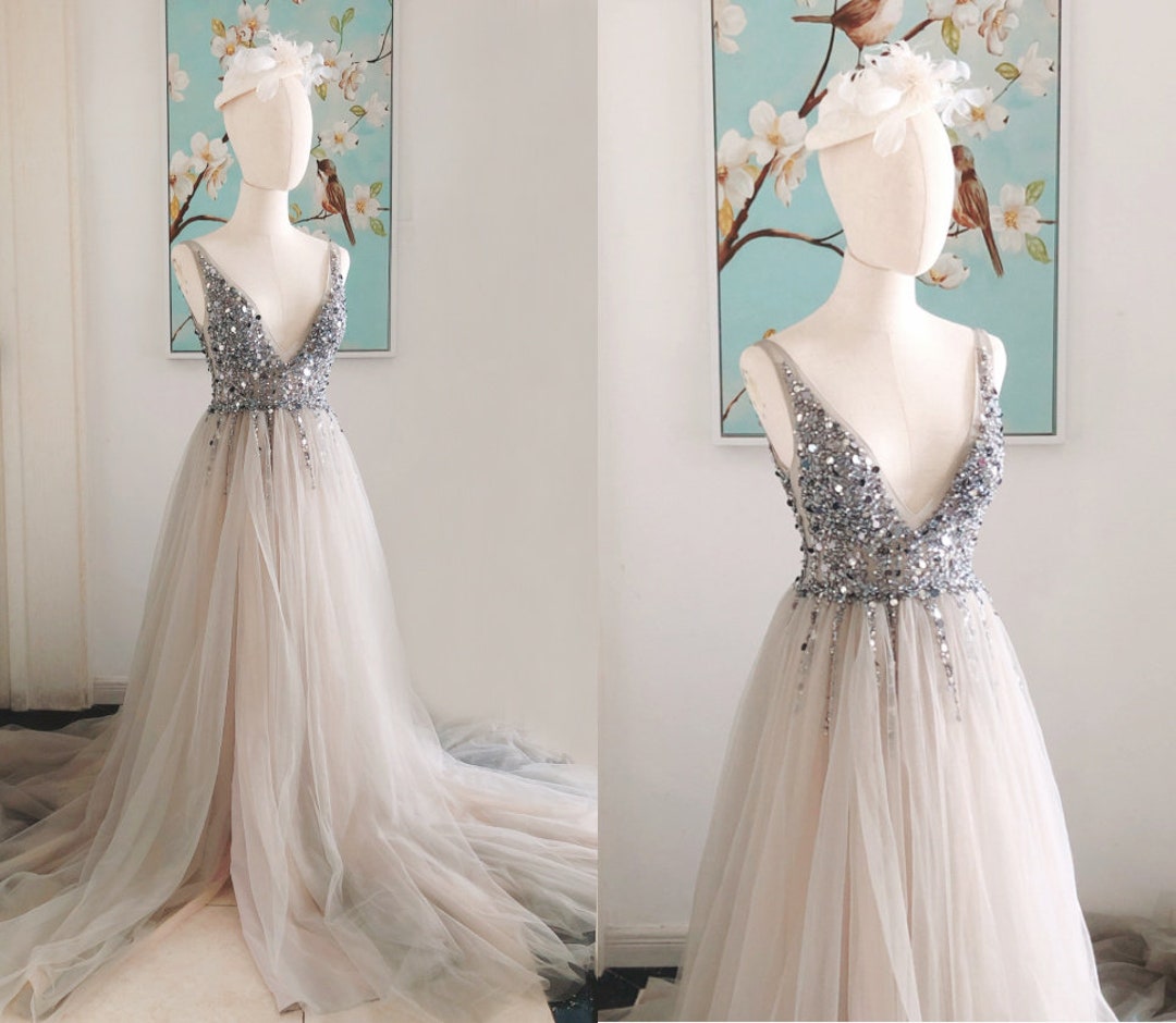 Sparkly Dark Grey Beaded Long Prom Dress