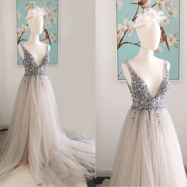 Grey Sparkly Prom Dress,Custom Tulle Prom Evening Dress with Slit, Backless Sparkly Prom Dresses,Grey Tulle Prom Dresses