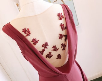 Cowl Back Burgundy Lace Bridesmaid Dress: Chiffon Prom Evening Gown
