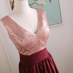 Burgundy bridesmaid dresses sequin rose gold bridesmaid gown evening v neck burgundy modest
