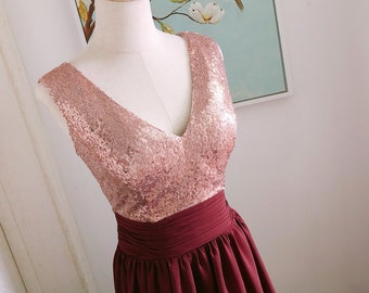 Burgundy Bridesmaid Dress: Rose Gold Sequin V-Neck Gown