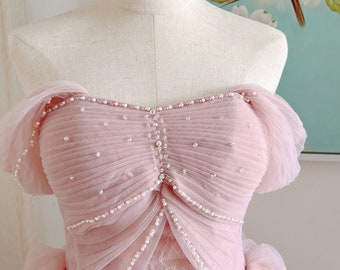 Blush Pink Tulle Ball Gown: Pearl Sweetheart Off-Shoulder Wedding Dress