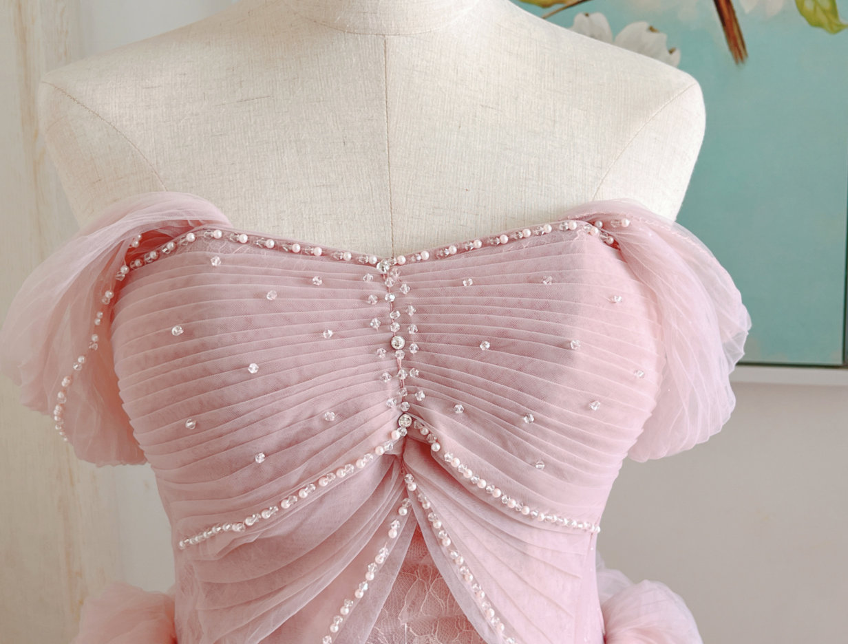 Tulle Blush Pink Bridesmaid Dresses Off-the-shoulder – loveangeldress