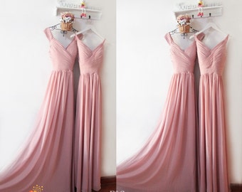 Dusty Pink Bridesmaid Dresses,Ruched Bodice Bridesmaid Dresses,Modest Bridesmaid Dresses Custom