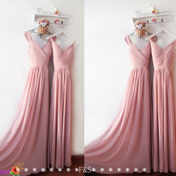 Dusty Pink Bridesmaid Dresses,Ruched Bodice Bridesmaid Dresses,Modest Bridesmaid Dresses Custom