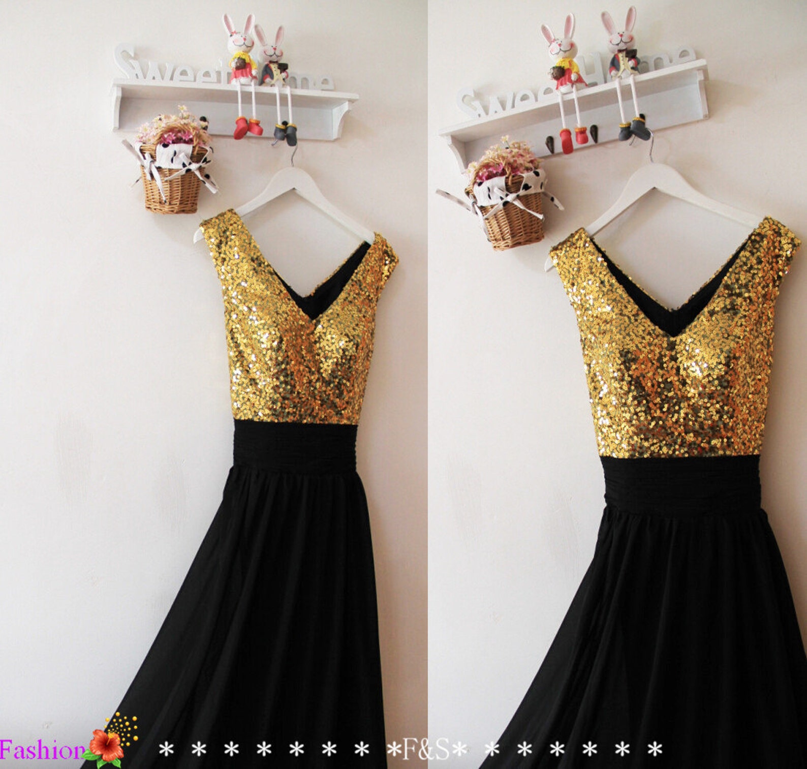 Black Bridesmaid Prom Dressgold Sequin Evening Prom Etsy