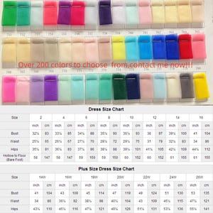 May include: A color chart with over 200 fabric swatches in various colors, including green, pink, purple, and blue. A dress size chart is also included, with measurements in inches and centimeters for bust, waist, and hips.