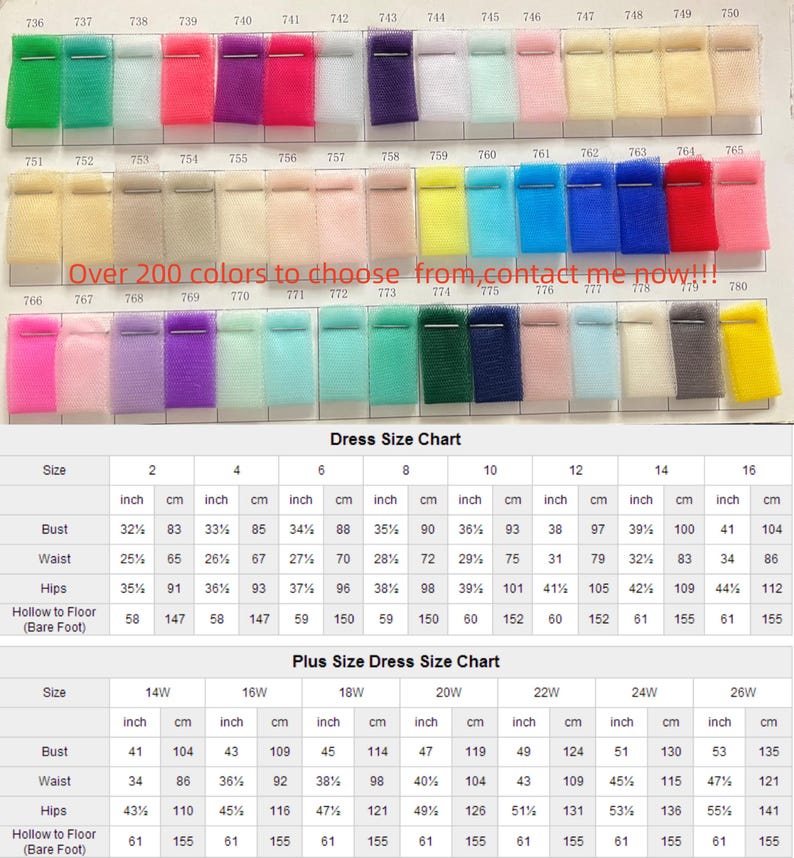 May include: A color chart with over 200 fabric swatches in various colors, including green, pink, purple, and blue. A dress size chart is also included, with measurements in inches and centimeters for bust, waist, and hips.