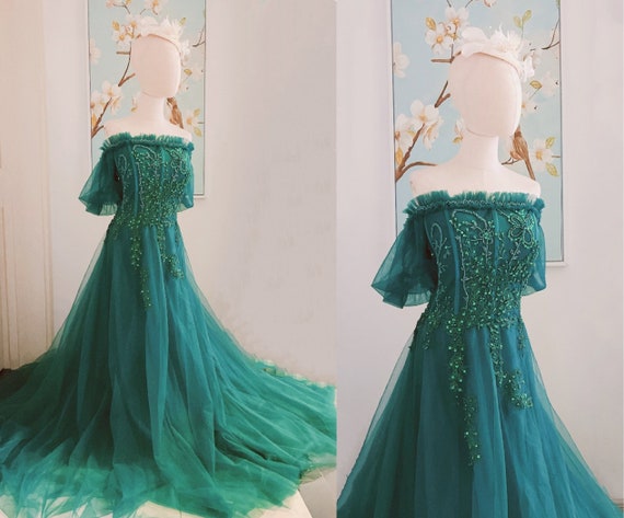 Off Shoulder Dark Green Lace Long Prom Dresses, Dark Green Lace