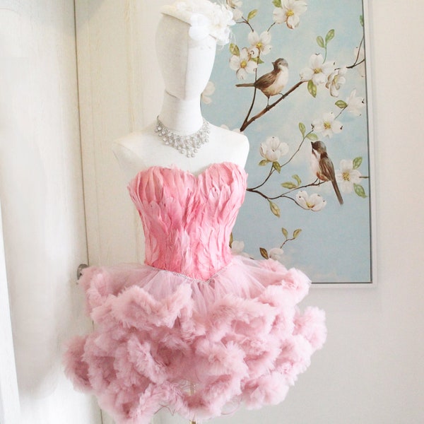 Short Pink Feather Prom Dresses, Sweetheart Short Puffy Tulle Pink Cocktail Party Dresses,Pretty Birthday Christmas Dresses