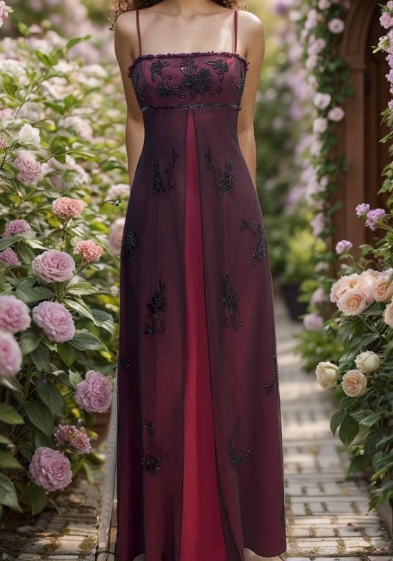 Vintage 90S Burgundy Prom Dress Y2K Black Beaded Gown Prom Party Dress