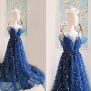 Unique Starry Sky Lace Prom Dresses A Line Princess Tulle Spaghetti Straps Sparkly Floor Length Prom/Evening Dress