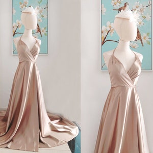 Long Champagne Satin Bridesmaid/Prom/Evening Dresses,Simple Bridesmaid Dress with Skirt Slit