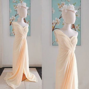 yellow one shoulder bridesmaid dresses with slit, pleated long chiffon bridesmaid dresses,custom bridesmaid dresses plus size