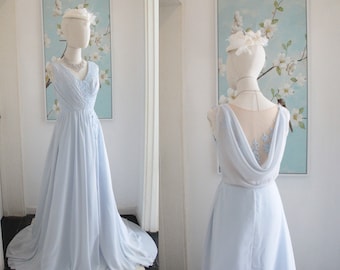 V Neck Dusty Blue Cowl Back Bridesmaid Dress with Lace Applique,Elegant Blue Chiffon Prom Evening Gowns with Slit