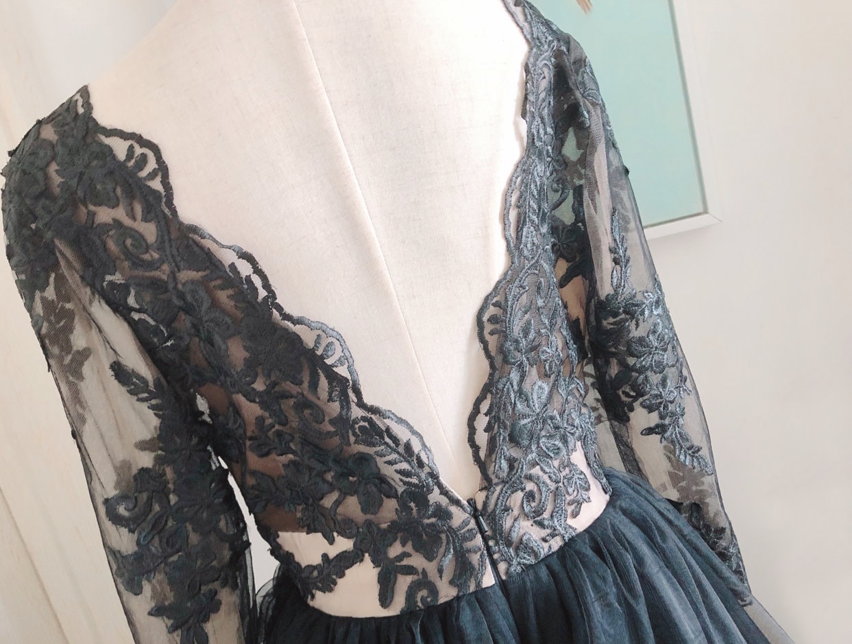 Plus Size Black Floral Lace Wedding Dress With Sleeves