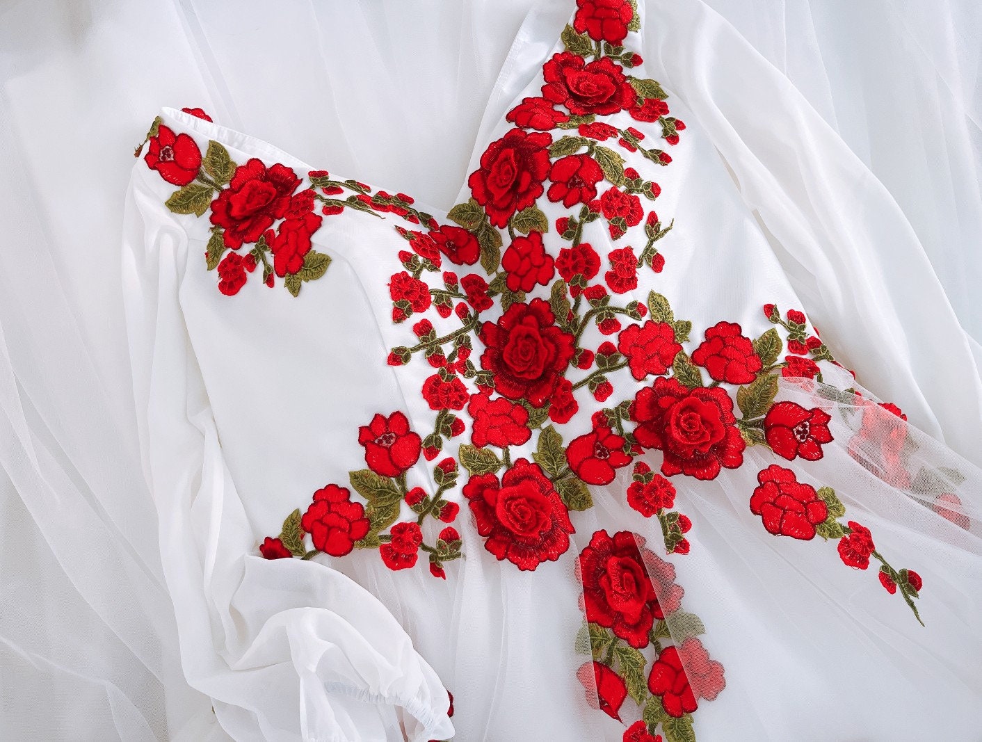 Ivory Tulle Wedding Dress: Red Rose Embroidery, Long Sleeves
