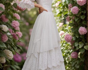 Pode incluir: Um vestido branco de renda vazada em camadas, com mangas compridas com detalhes de renda. O vestido tem um decote redondo e uma saia fluida. O fundo apresenta flores rosas e brancas e vegetação, criando uma estética romântica e elegante.