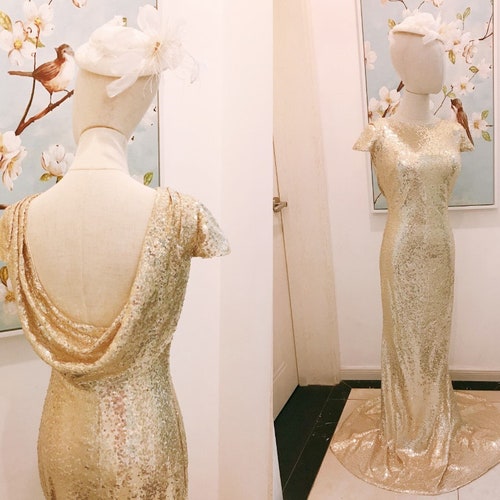 Sequin Cowl Back Bridesmaid Dress, Cowl Back Dress, Champagne Sequin Bridesmaid Dress with Sleeves, Mermaid Sequin Prom Bridesmaid Dress