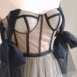 Tie Shoulder Black Tulle Midi Dress: Sweetheart Prom Gown