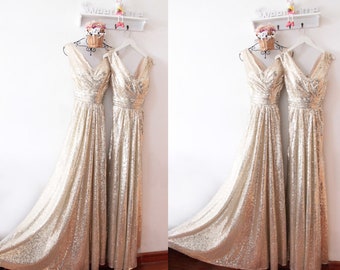 Champagne Sequin Evening Dresses,Sequin Wedding Guest Dresses,V Neck Gold Sequin Bridesmaid Dresses