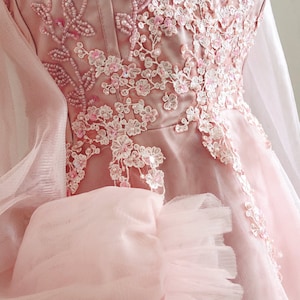 Pink Lace Prom Dress: Long Sleeve Off Shoulder Evening Gown