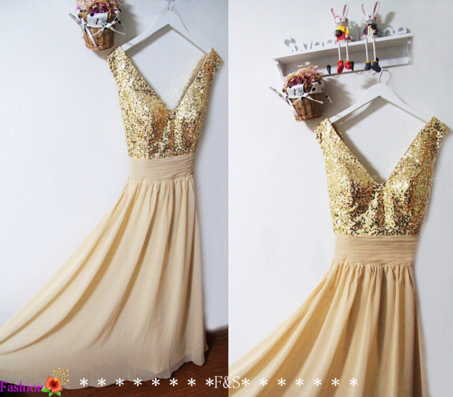 Gold Sequin Bridesmaid Dress Sparkly Evening Prom Dress Long Etsy