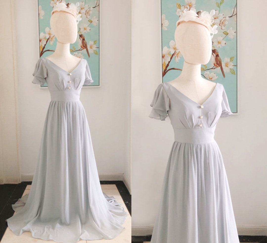 Long Chiffon Bridesmaid Dress with Flutter Sleeves Dusty Blue