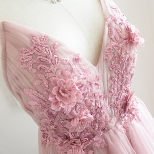 Floral pink 3d flower prom evening dresses tulle unique gown evening fairy tulle formal dresses backless