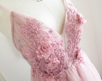 Floral pink 3d flower prom evening dresses tulle unique gown evening fairy tulle formal dresses backless