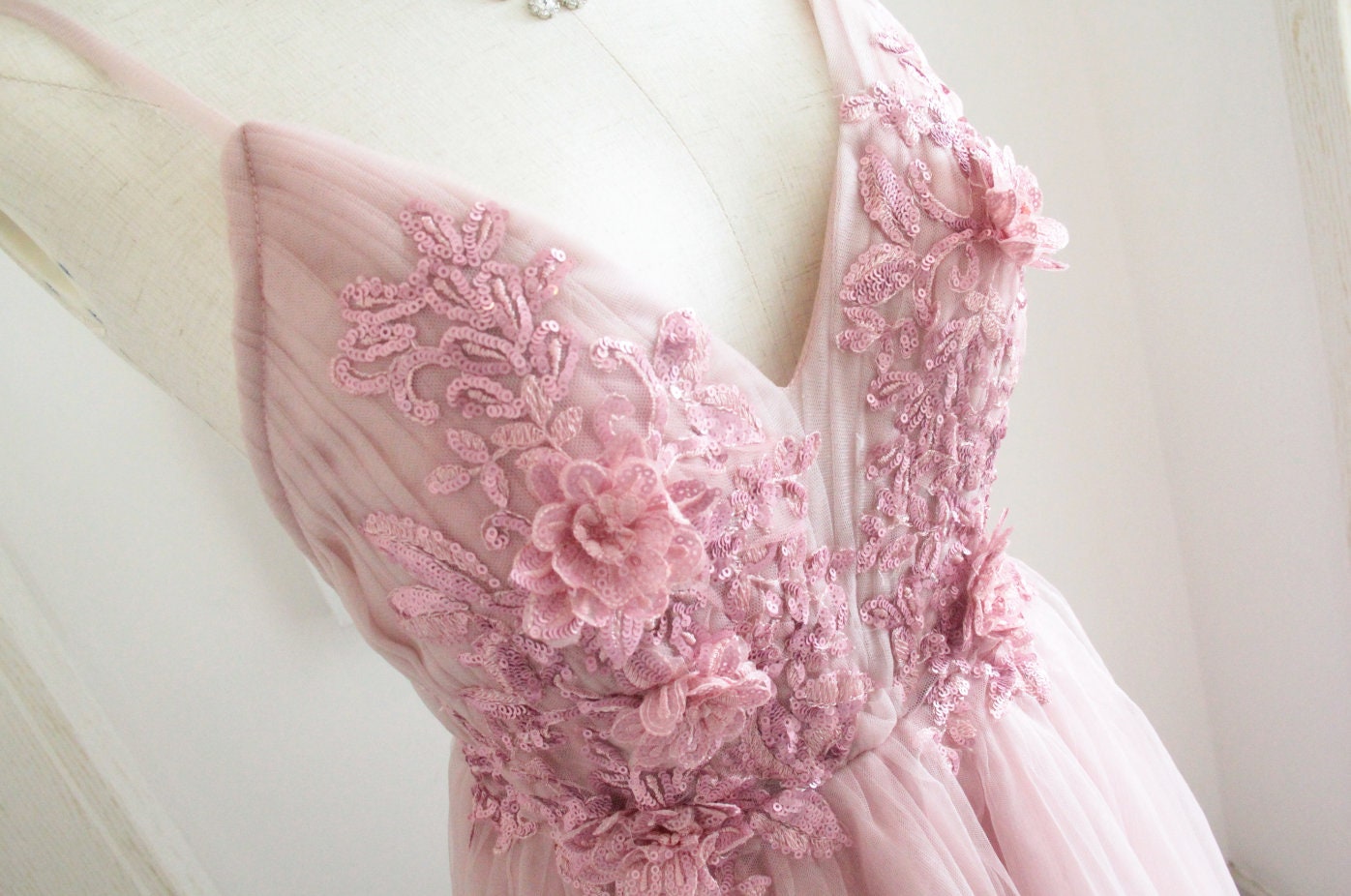 Floral Pink Tulle Prom Dress: 3D Flower Evening Gown